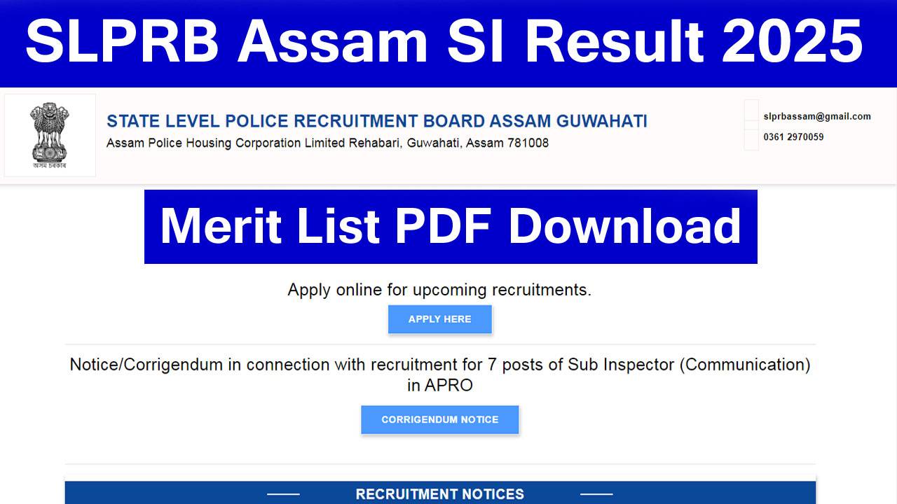 SLPRB Assam SI Result 2025 Link for Written Exam, Merit List PDF Download at @slprbassam.in