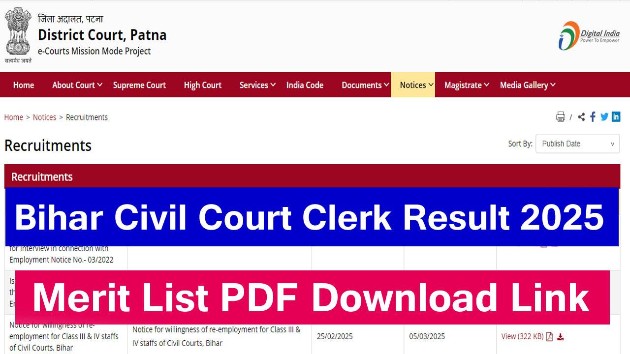 Bihar Civil Court Clerk Result 2025 Link (OUT) at @patna.dcourts.gov.in, Merit List PDF